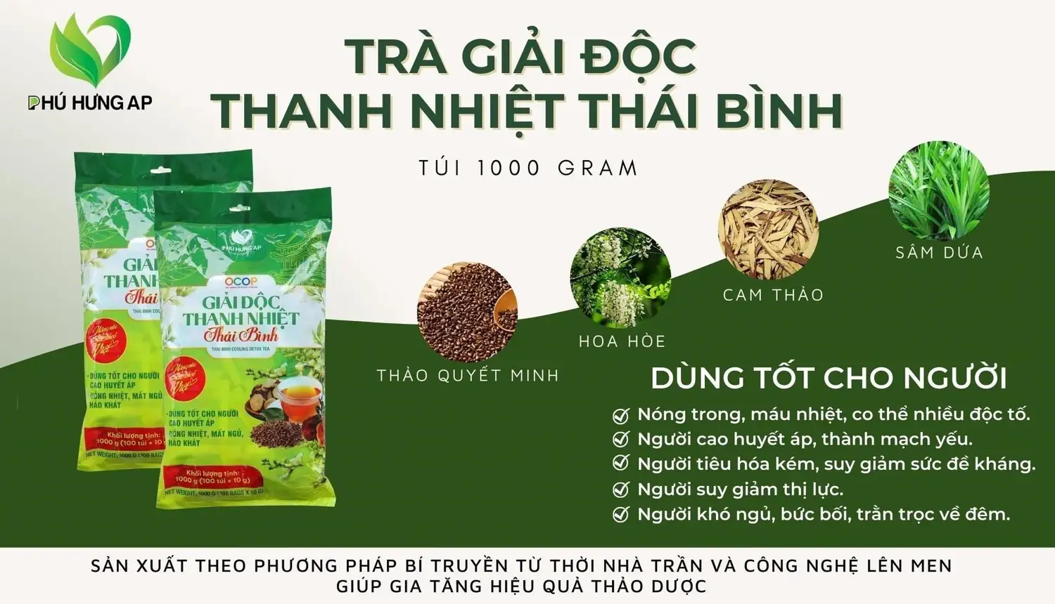Thành phần và công dụng Trà Giải Độc Thanh Nhiệt Thái Bình 1Kg Phú Hưng AP chính hãng giá tốt - 1market.com.vn