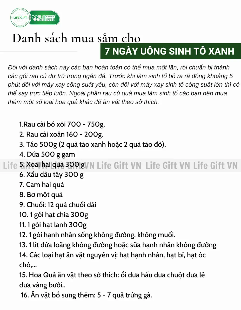 Danh Sách Mua Sắm Cho 7 Ngày Sinh Tố Xanh - 7 Ngày Detox Bằng Sinh Tố Và Cordypro - 1market.com.vn