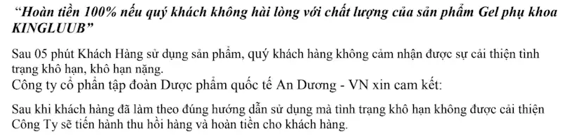 Cam Kết Hoàn Tiền Gel Phụ Khoa Kingluub - 1market.com.vn