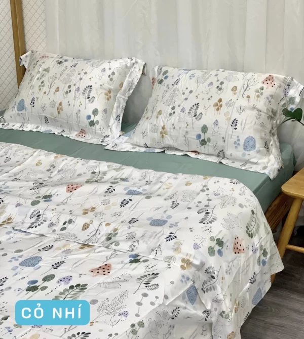 Combo Vỏ Mền Và Vỏ Gối Tencel 60s Mẫu Cỏ Nhí - Tân Phát - 1Market.com.vn