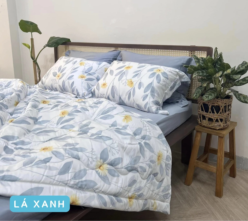 Combo Vỏ Mền Và Vỏ Gối Tencel 60s Mẫu Lá Xanh - Tân Phát - 1market.com.vn
