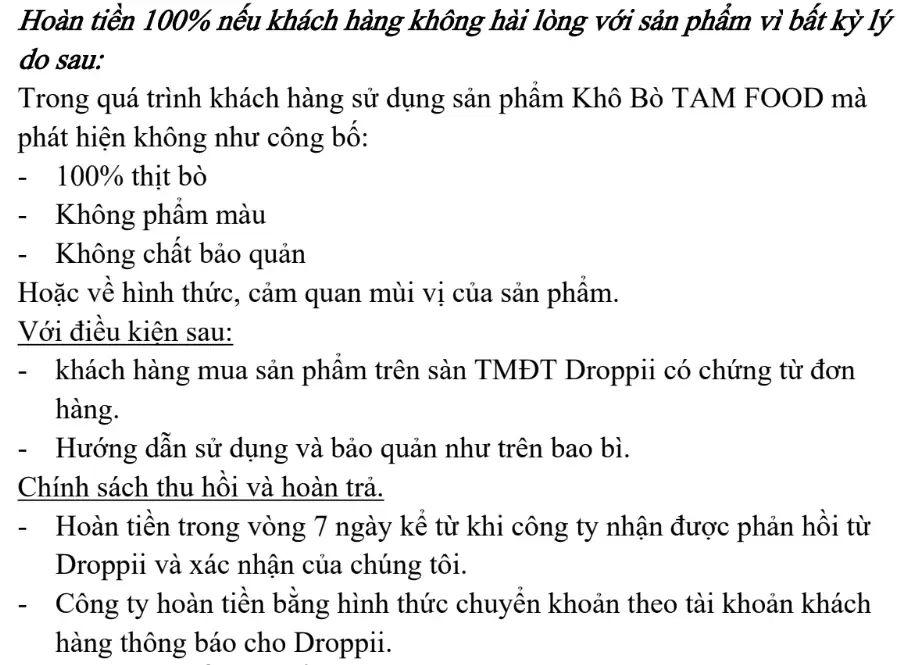 Cam Kết Hoàn Tiền 100% Nếu Khách Hàng Không Hài Lòng Với Sản Phẩm Từ Tam Food - 1market.com.vn