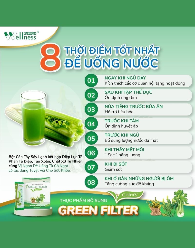8 thời điểm tốt nhất để uống nước Cần tây – diệp lục Green Filter Celery thanh lọc thải độc - 1market.com.vn