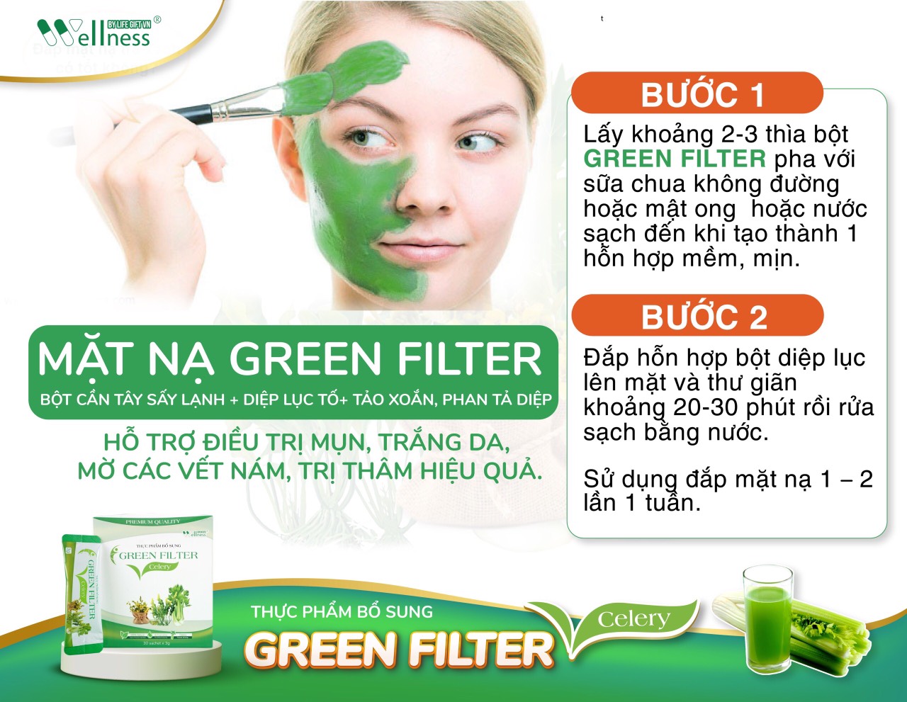 Thực Phẩm Bổ Sung Bột Cần Tây Sấy Lạnh Diệp Lục Green Filter Celery có thể dùng làm mặt nạ đắp mặt - 1market.com.vn