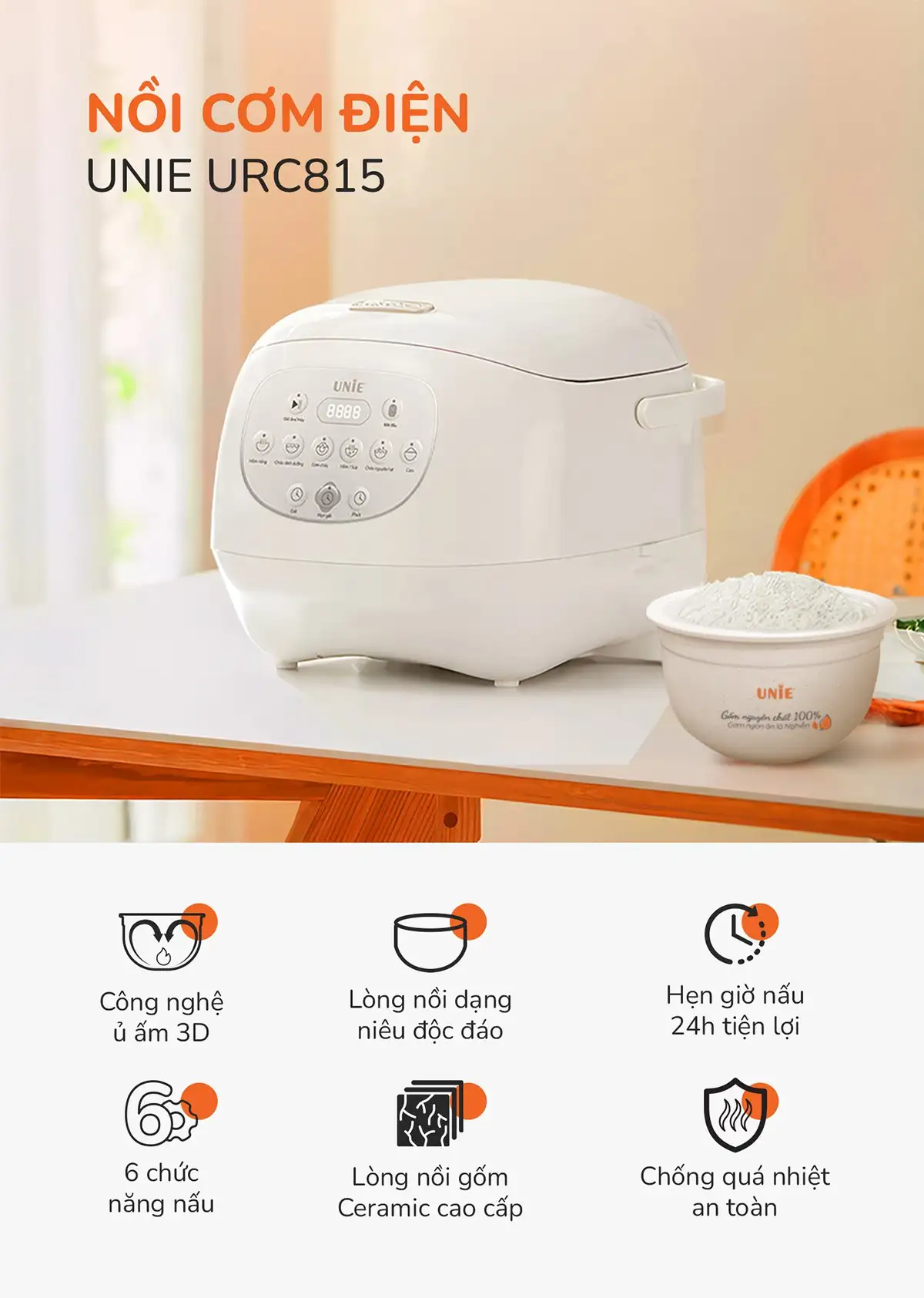 Nồi cơm điện lòng gốm tự nhiên UNIE URC815
